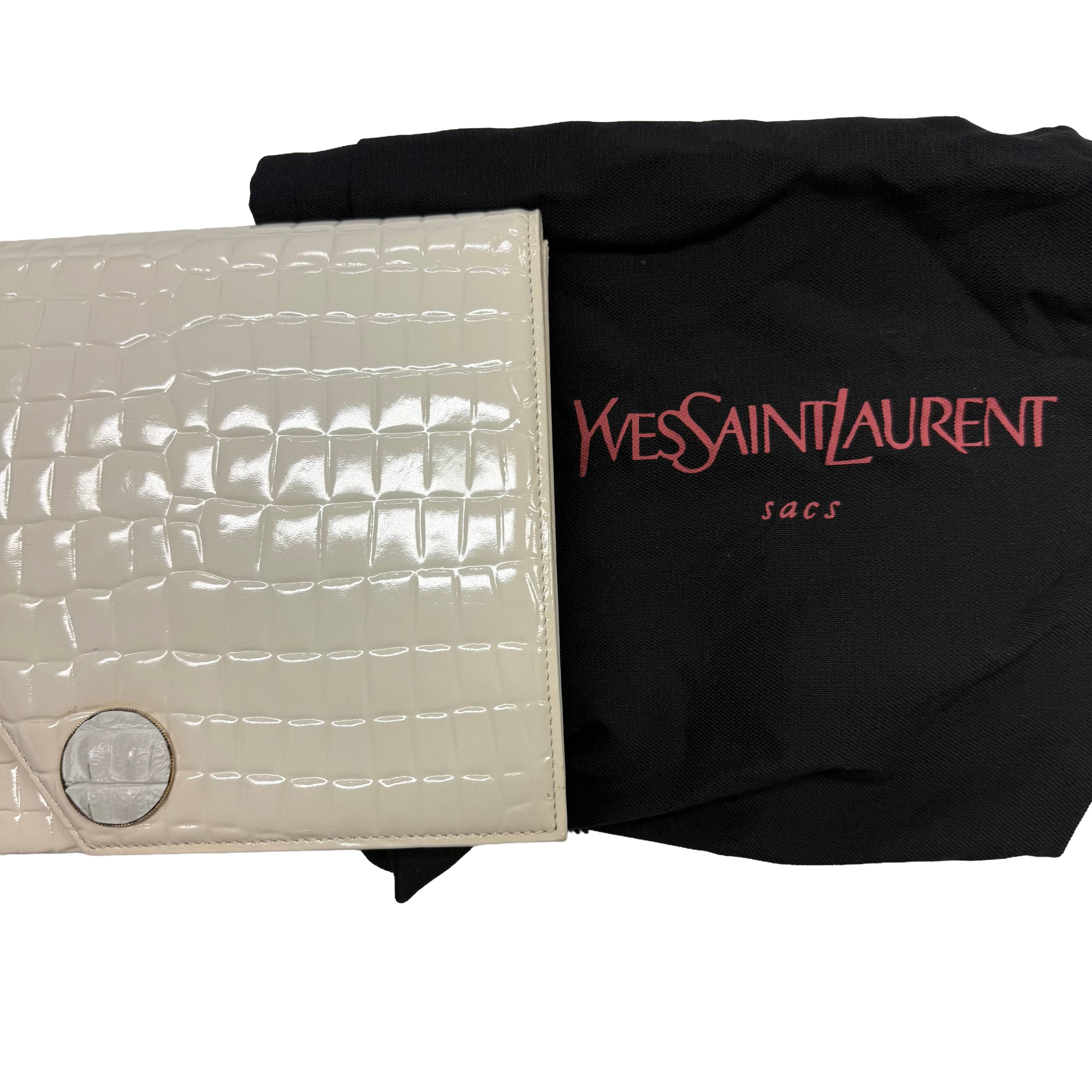 YSL | Cream Croc-Embossed Patent Leather Envelope Clutch (Excellent Condition)