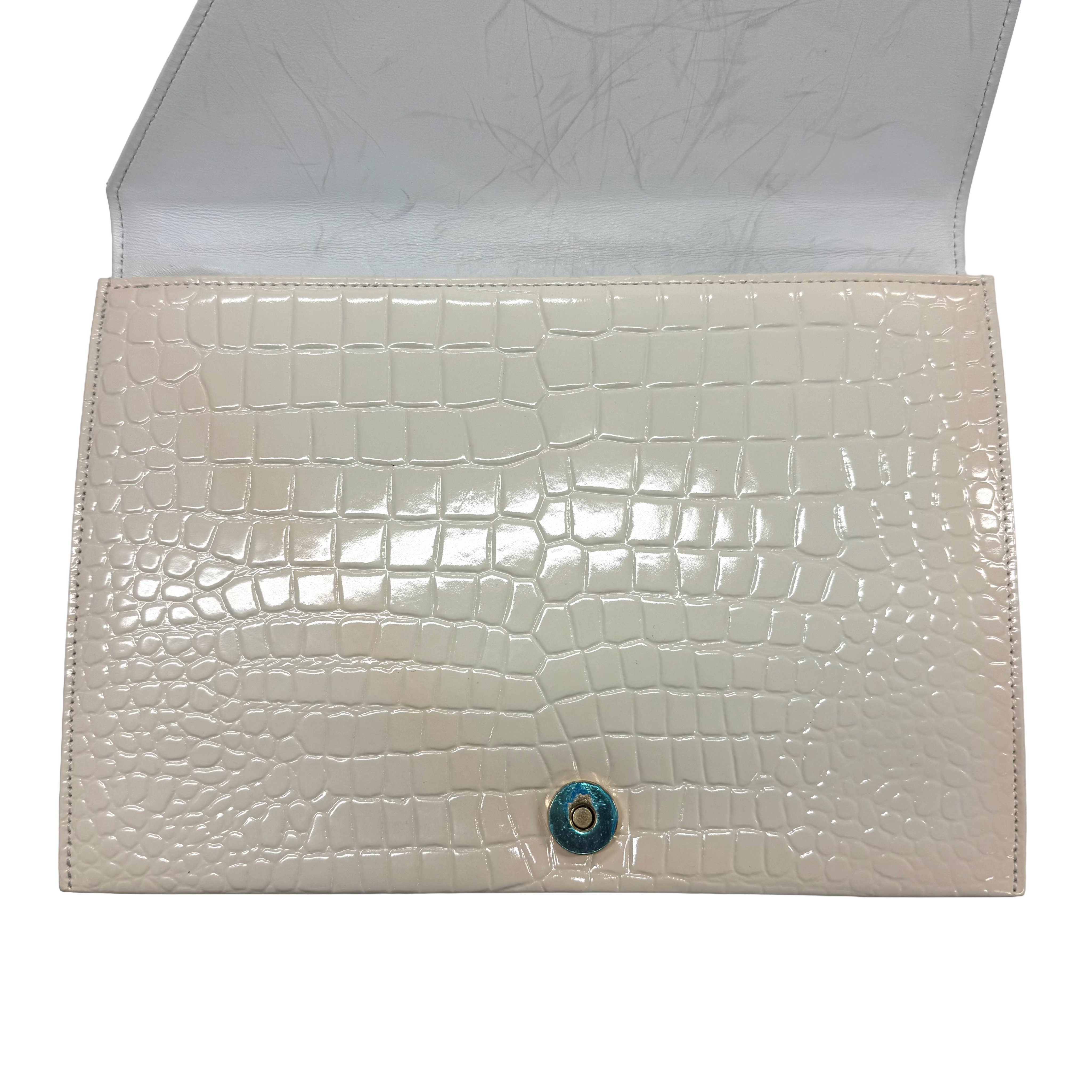 YSL | Cream Croc-Embossed Patent Leather Envelope Clutch (Excellent Condition)