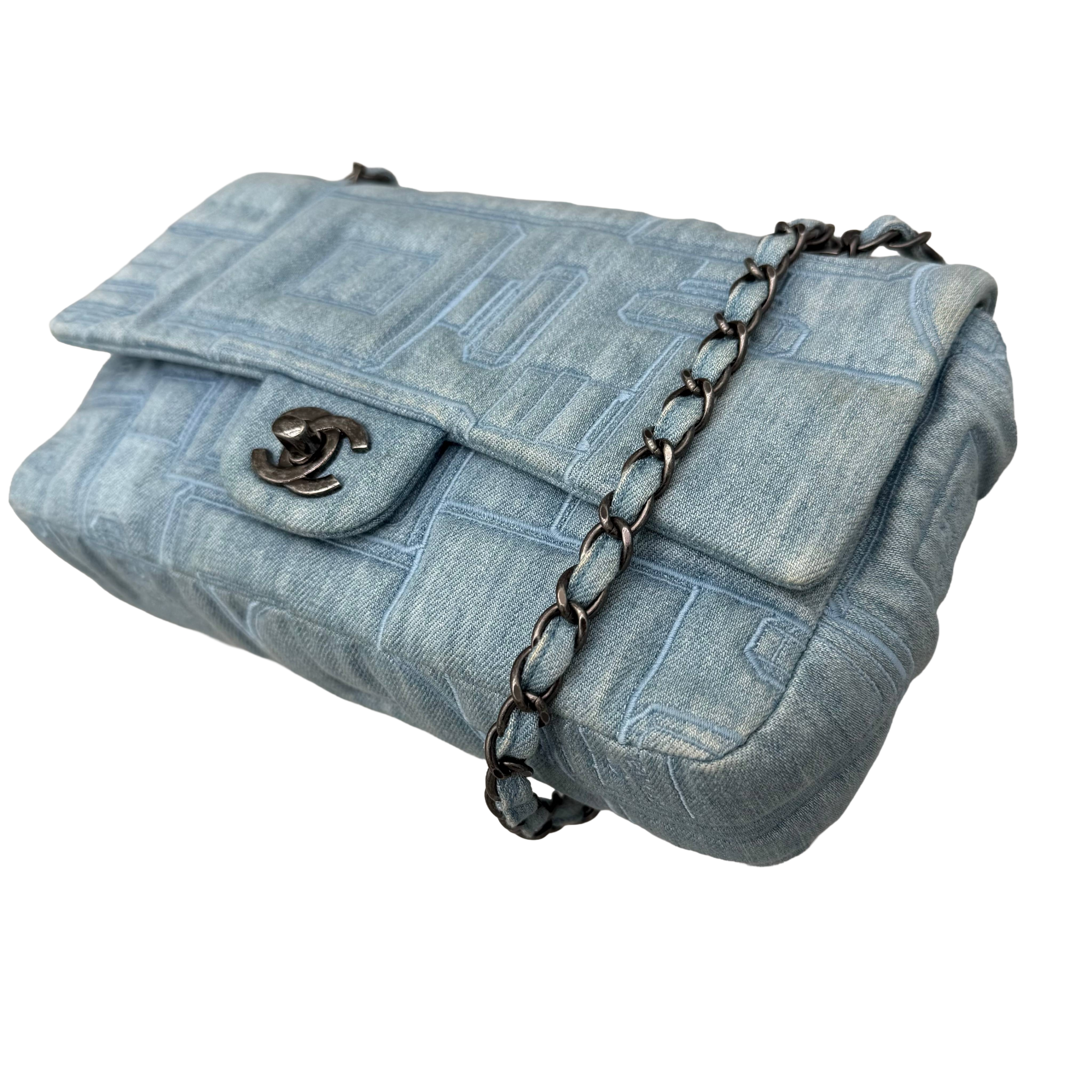Chanel Vintage Coco Chanel Perfume Embroidered Denim Medium Flap | Ruthenium Hardware