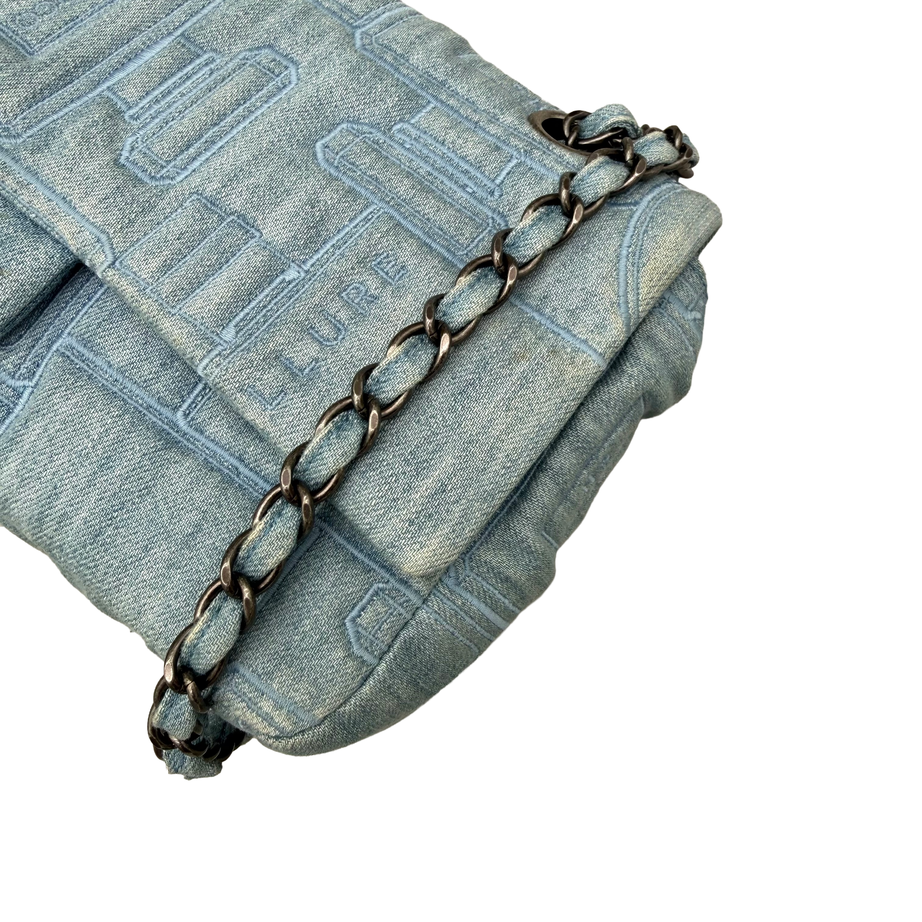 Chanel Vintage Coco Chanel Perfume Embroidered Denim Medium Flap | Ruthenium Hardware