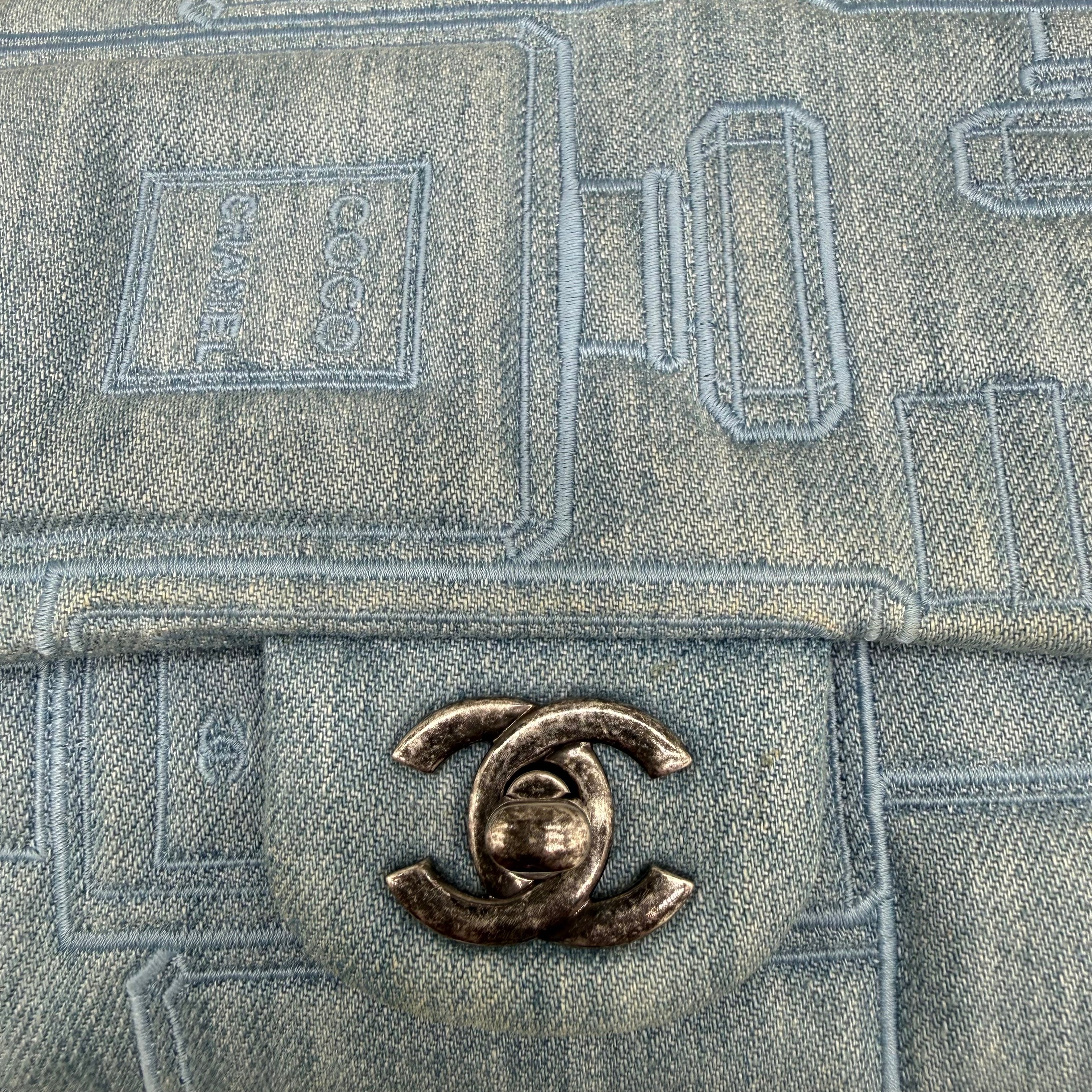 Chanel Vintage Coco Chanel Perfume Embroidered Denim Medium Flap | Ruthenium Hardware