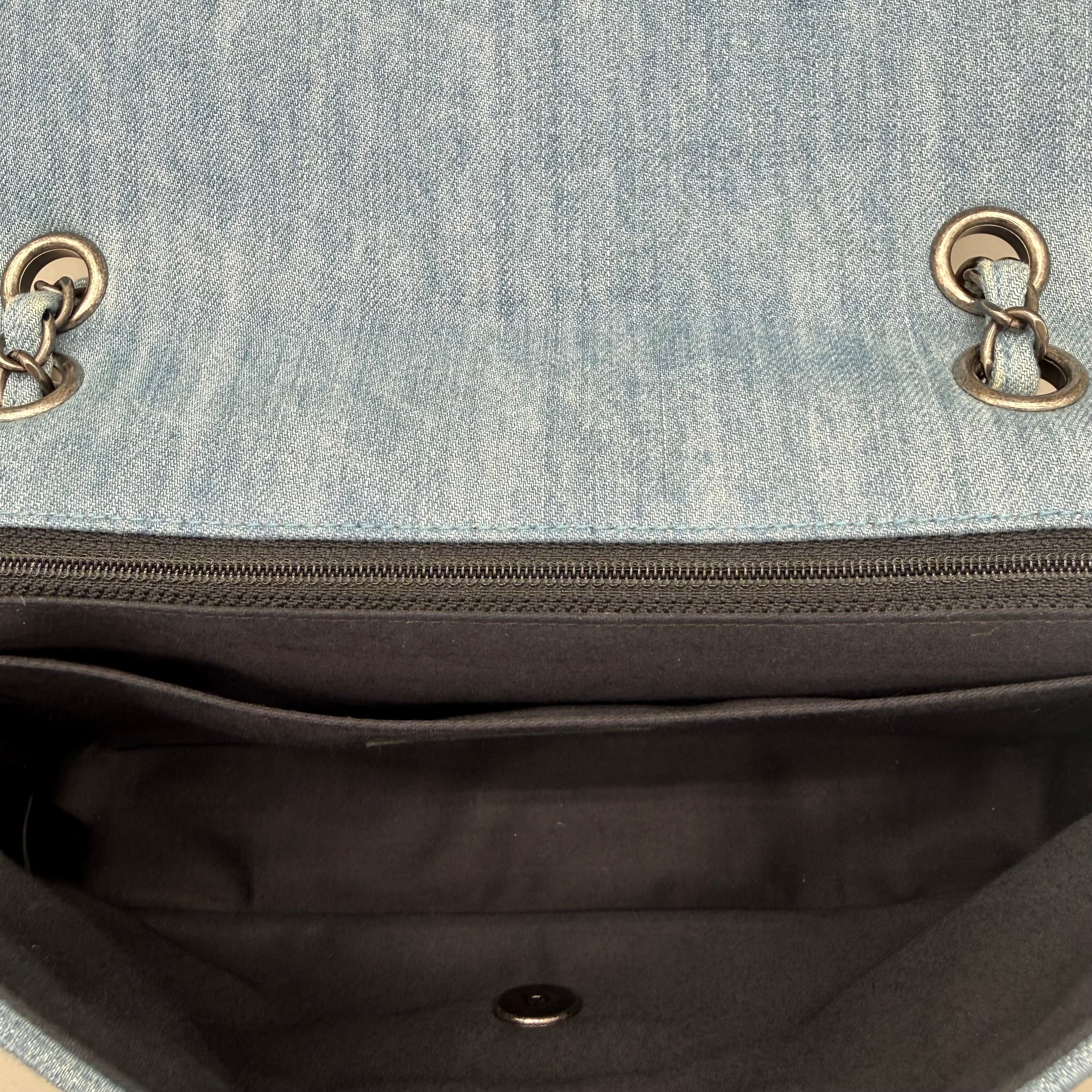 Chanel Vintage Coco Chanel Perfume Embroidered Denim Medium Flap | Ruthenium Hardware