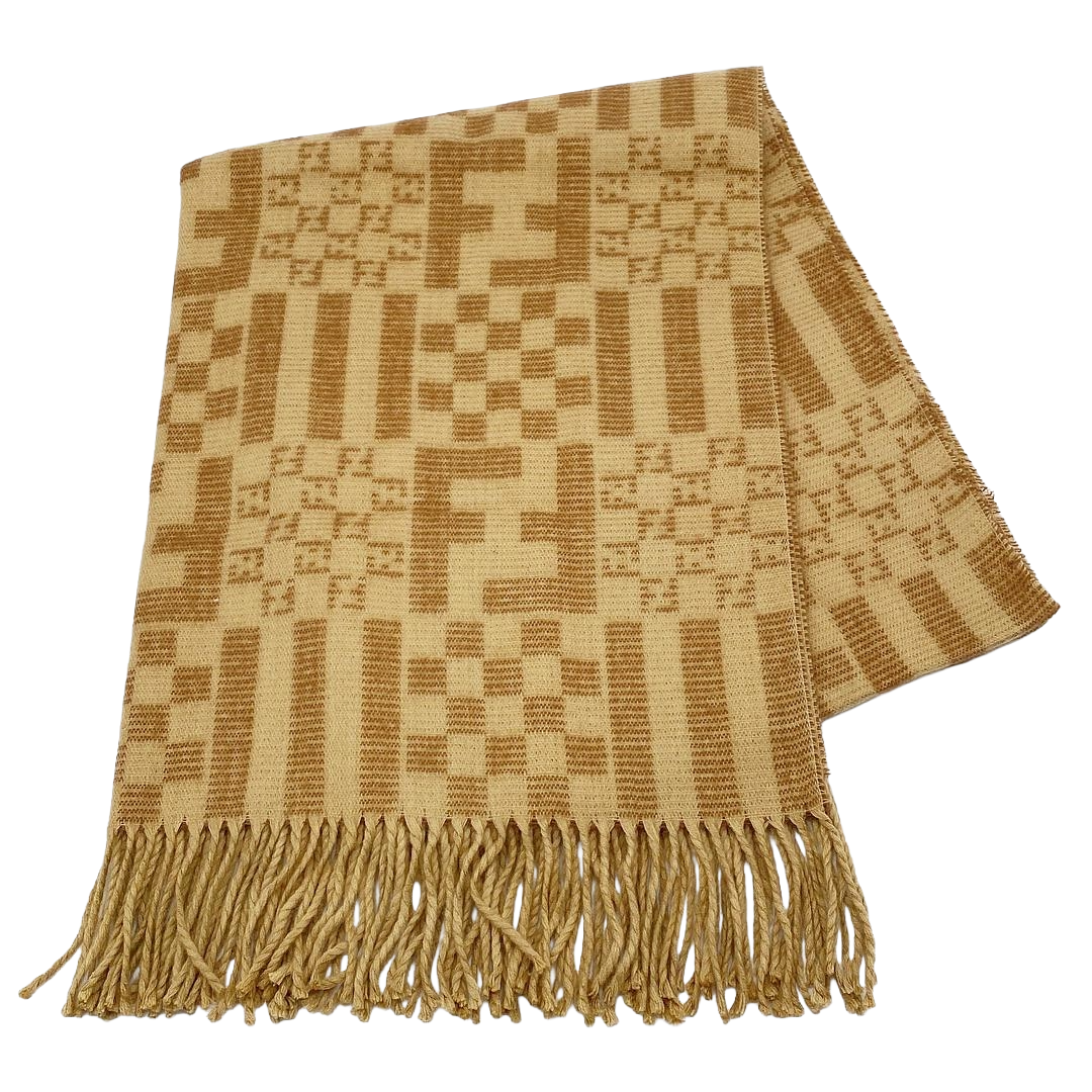 Fendi | Zucca Monogram Wool Scarf | Tan & Camel | Fringed Edge