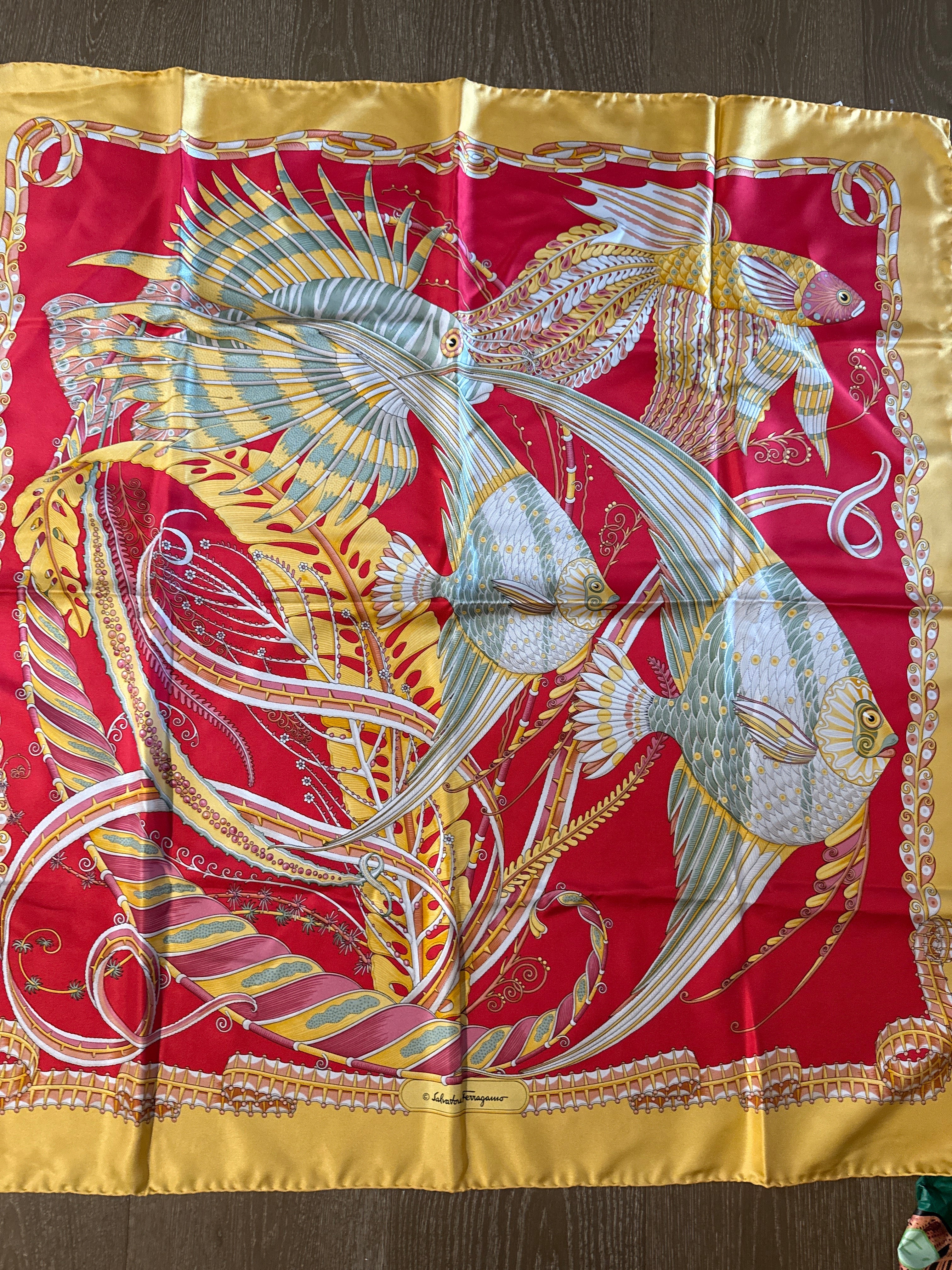 Salvatore Ferragamo silk scarf red/yellow fish