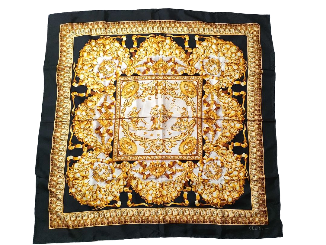 Céline | Baroque Floral Wreath Silk Scarf | Black & Gold | Neoclassical Figures (90cm)