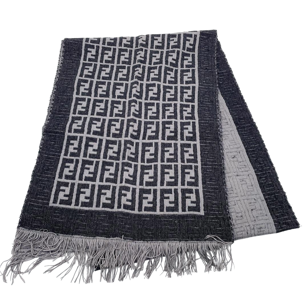 Fendi | Zucca Monogram Wool Scarf | Black & Grey | Fringed Edge