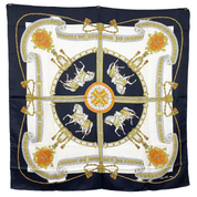 Céline | Silk Scarf | Equestrian Horse & Chain Print | Navy, Ivory & Gold (85cm)