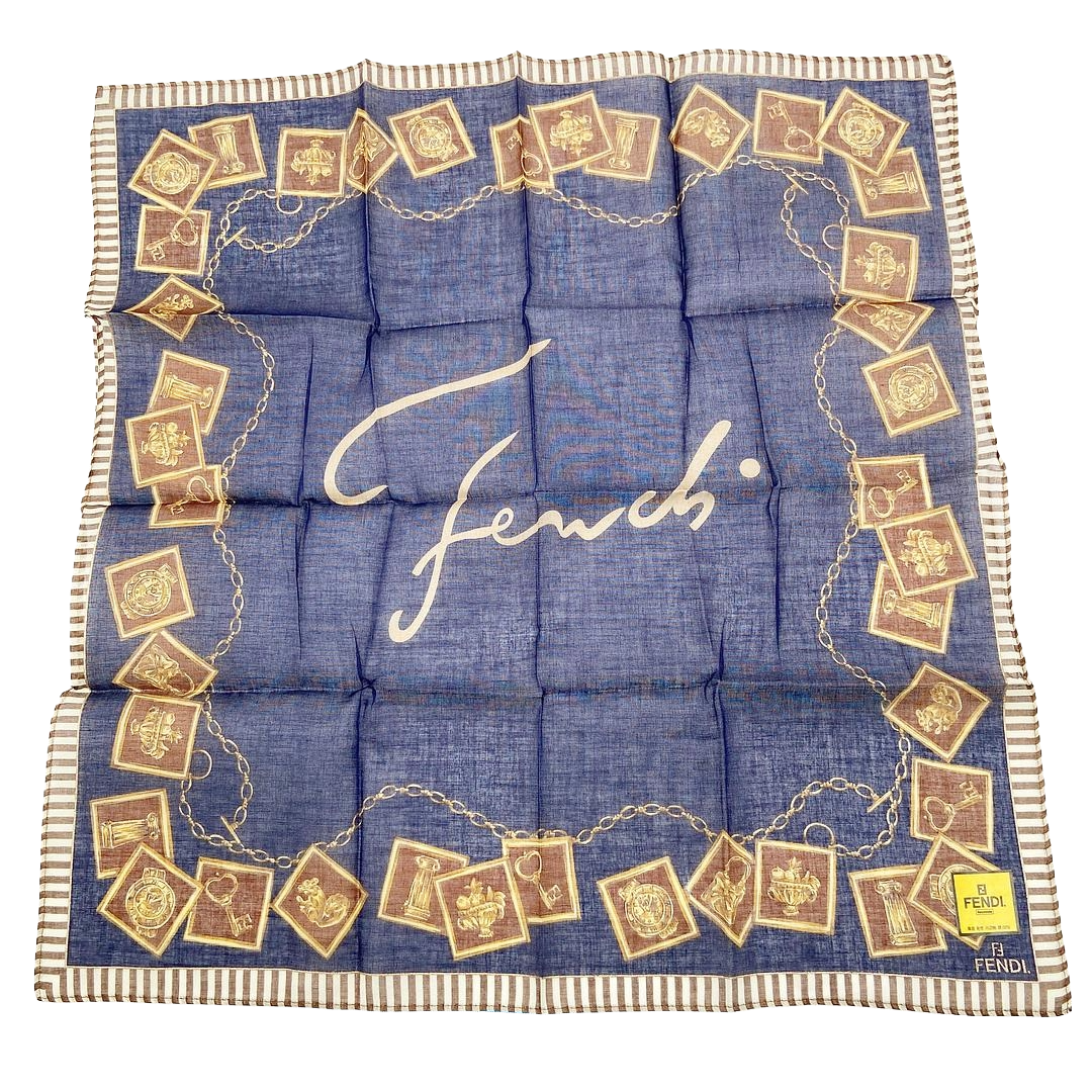 Fendi | Charm Bracelet Print Silk Scarf | Denim Blue | Striped Border (45cm)