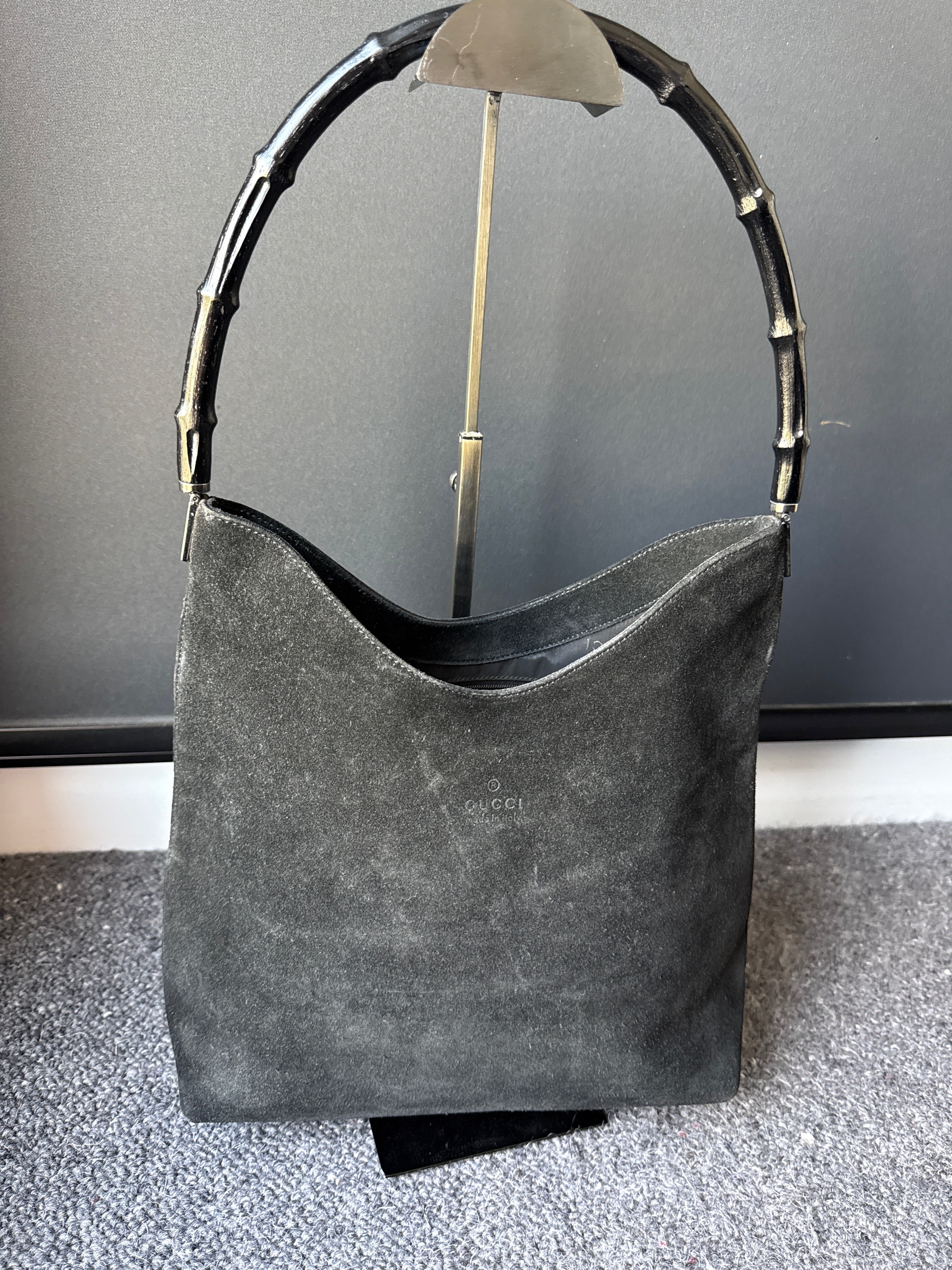 Gucci suede black bamboo shoulder bag